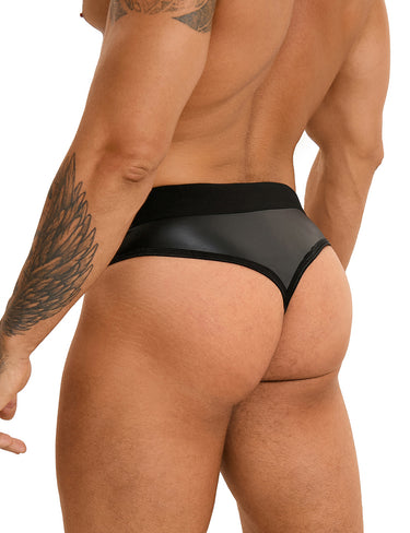 Elegant display of the Black Sexy PU Leather Hollow Out Men Underwear, emphasizing its seductive appeal and perfect snug fit for a bold statement.